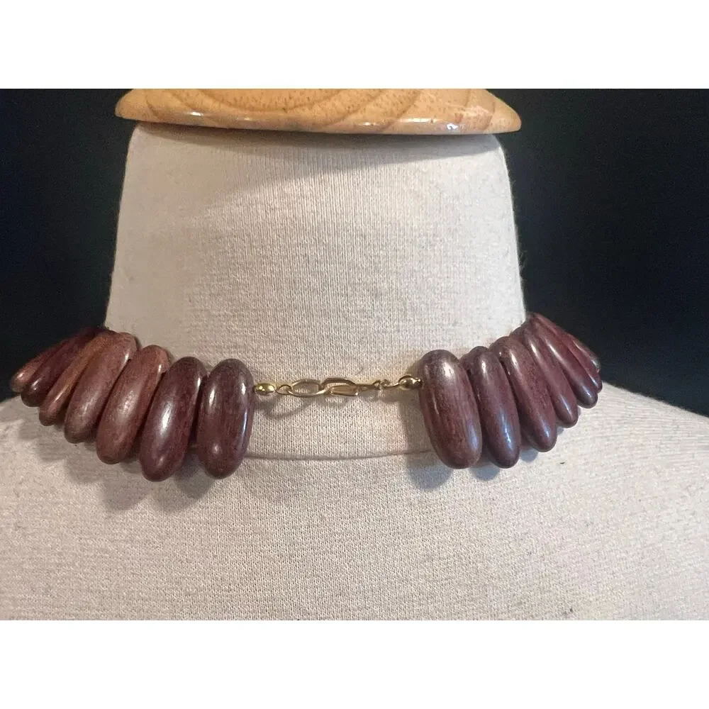 Vintage Style Wood Statement Necklace Burgundy Plum Graduated Fringe Bib Boho